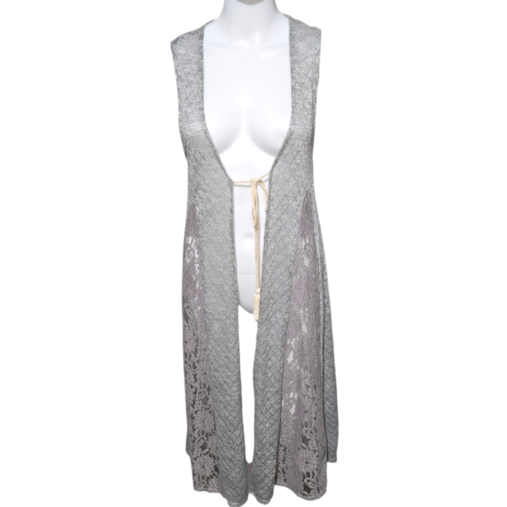 Umgee Gray lace panels sleeveless tie duster Like New Size Small